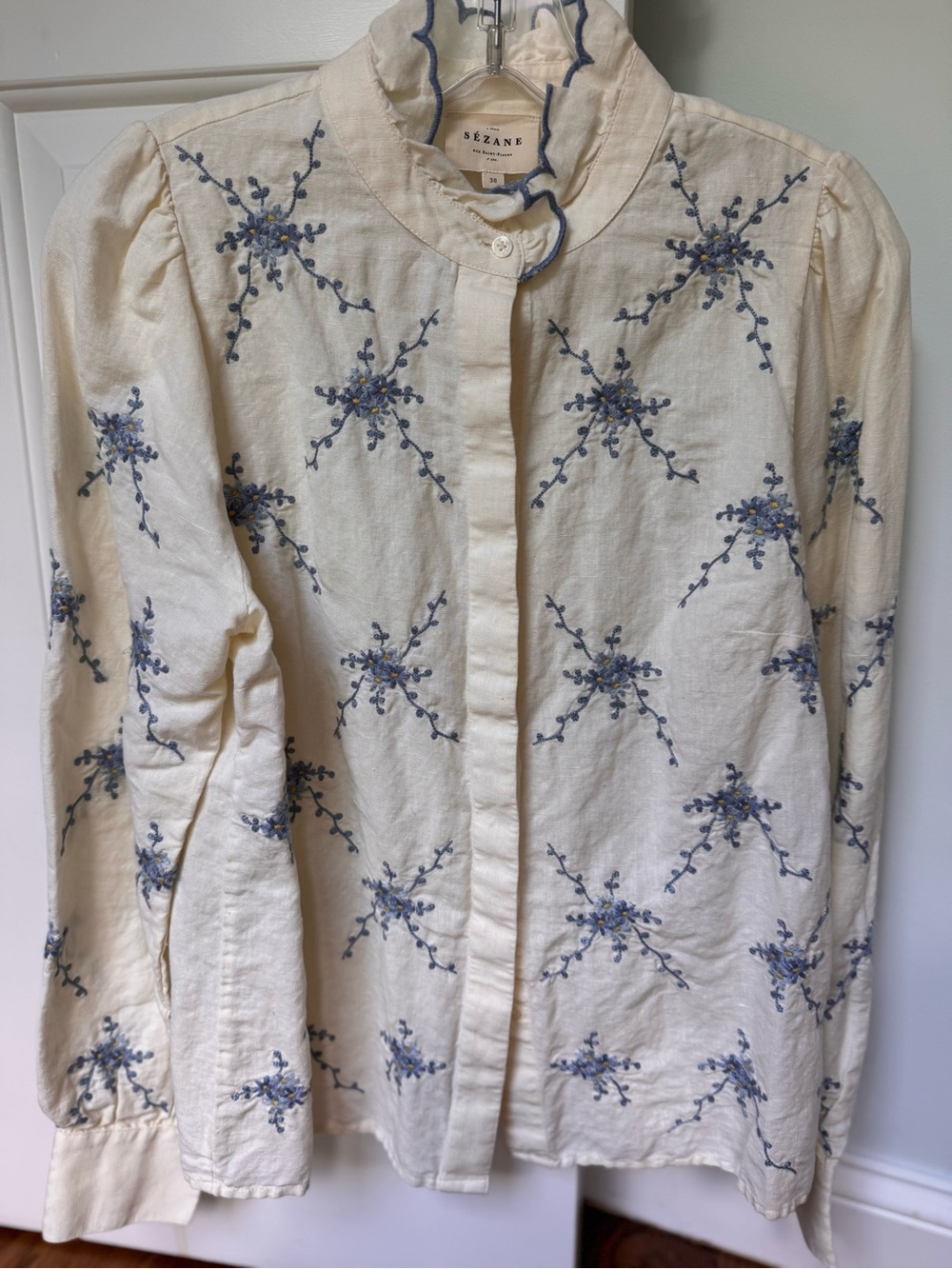 Sezane Cream Linen Blouse with Blue Embroidered Flowers